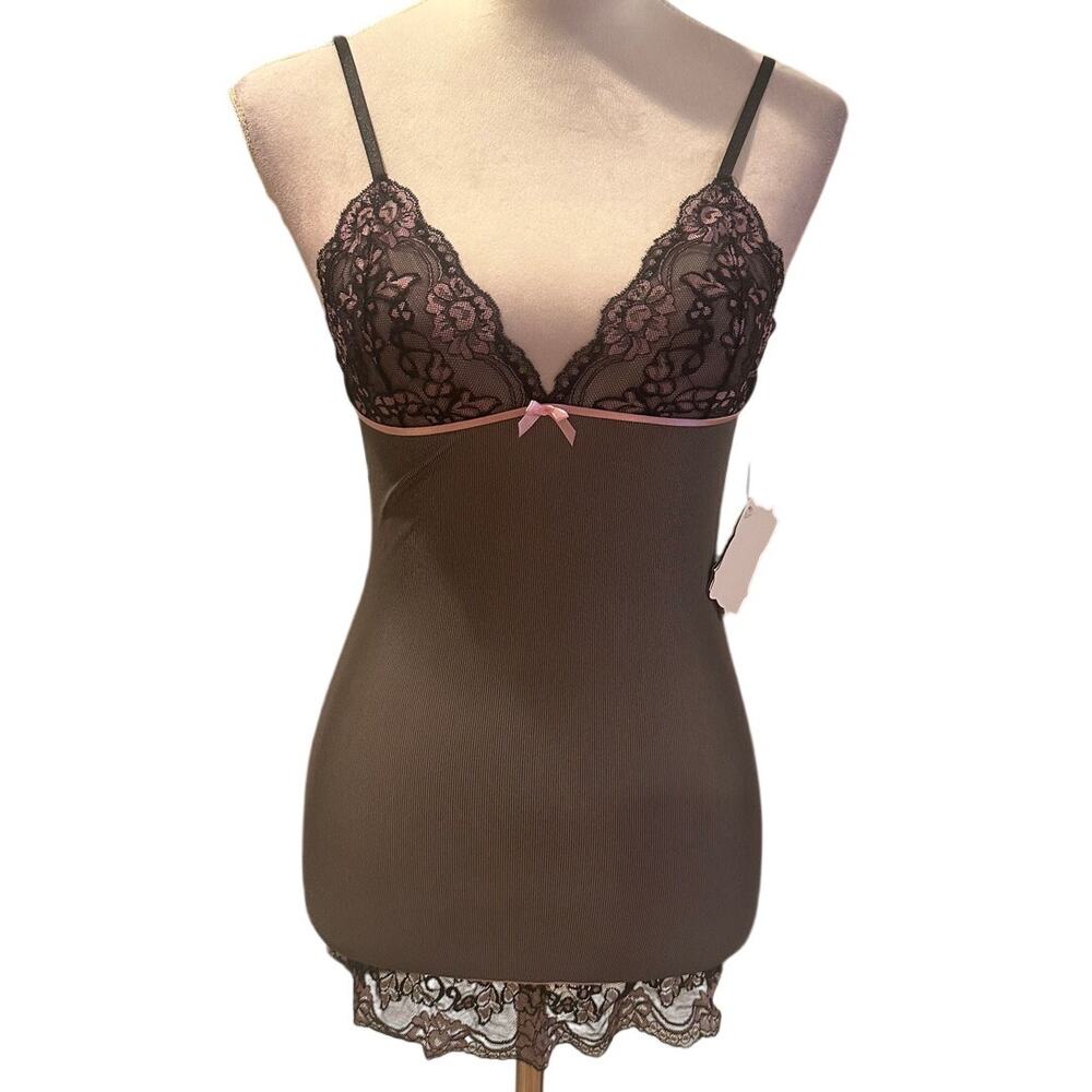 Women's Black Pink Floral Lace Bust Sheer Chamise Lace Up Back Vintage S NWT